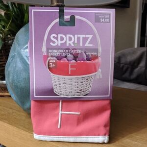 HTF Easter Basket Liner Monogram F Pink White Trim Reversible Spritz Spring